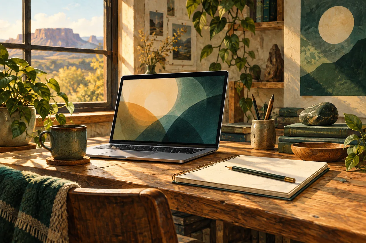 A laptop and blank notebook on a sunlit workshop desk