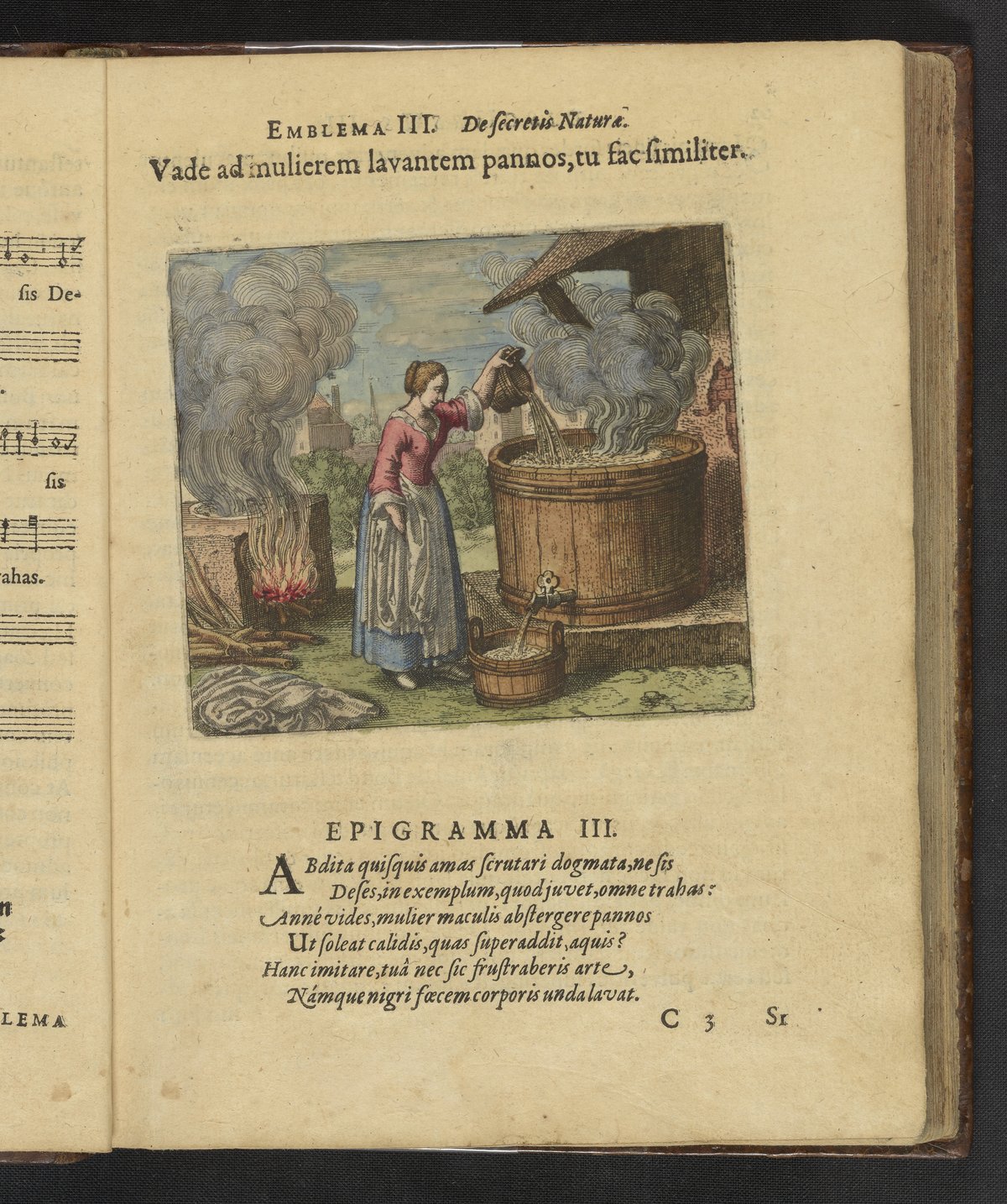 Hand-colored page from Maier’s Atalanta fugiens showing a woman pouring liquid into a large wooden tub beside a fire, with a Latin motto above and verse below