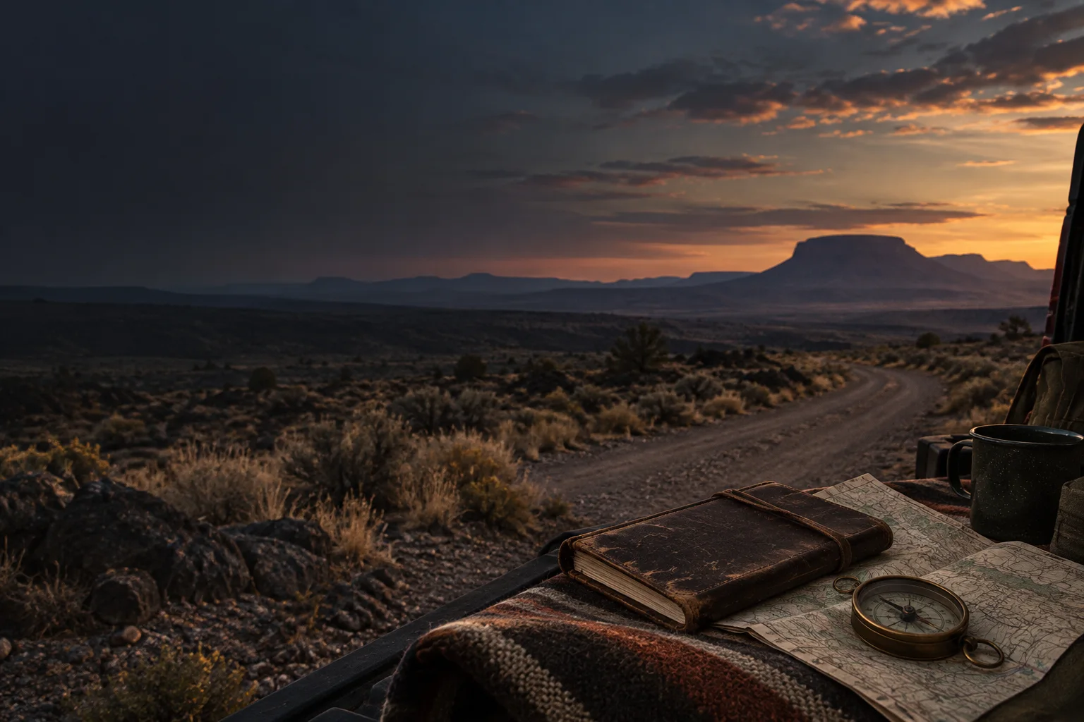 A high-desert road, field notebook, map, and brass compass at dusk