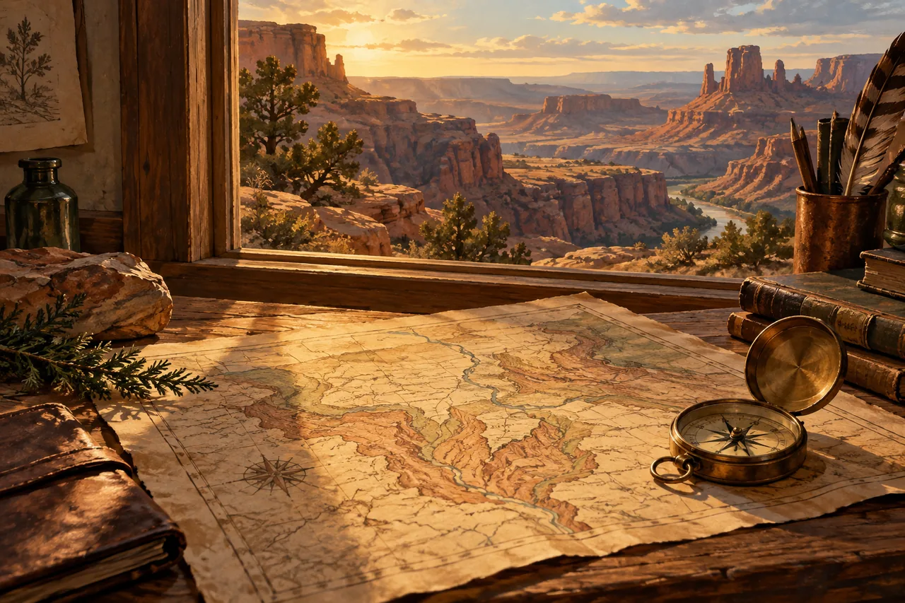An archival map and compass beside a canyon window