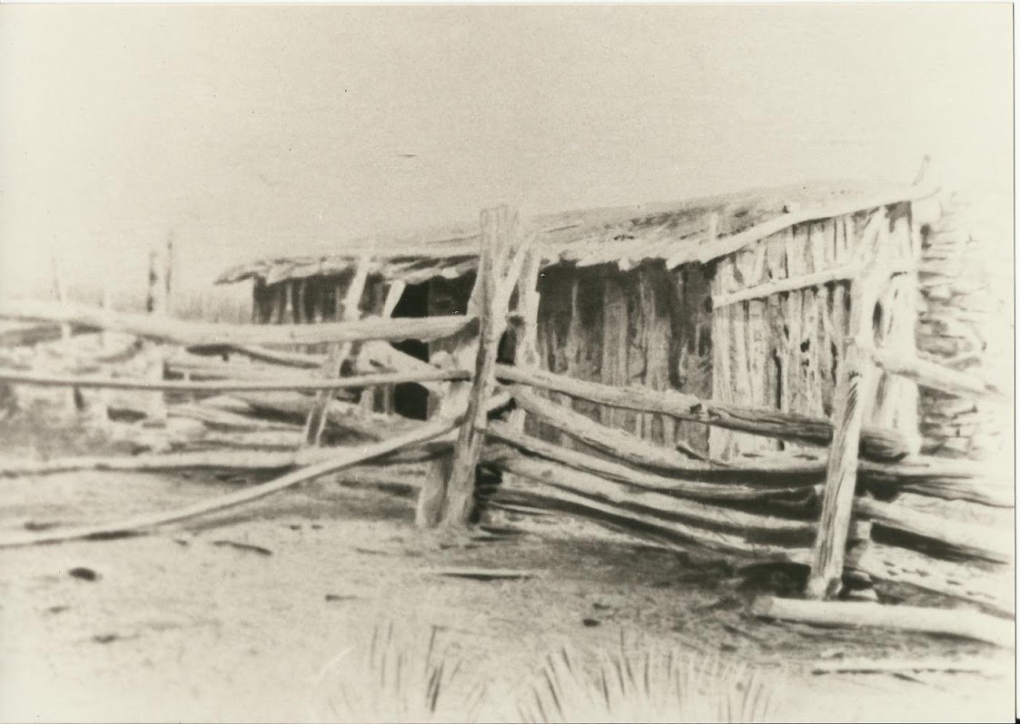 Historic photograph of the Roberts cabin behind a rail fence