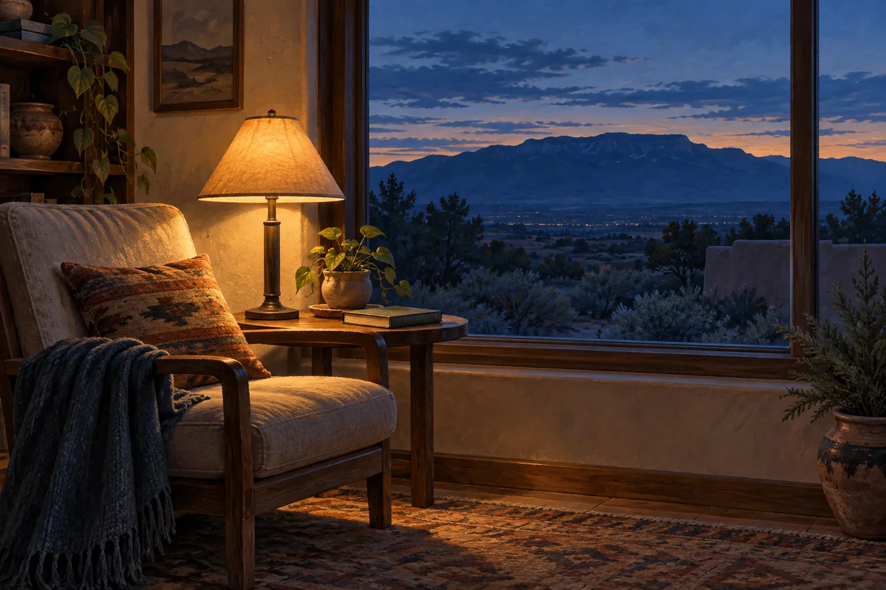 A quiet reading chair facing a mountain ridge at twilight