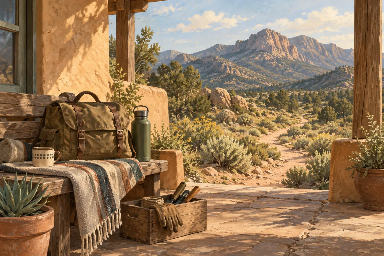 A ready field bag on a porch beside a mountain trail