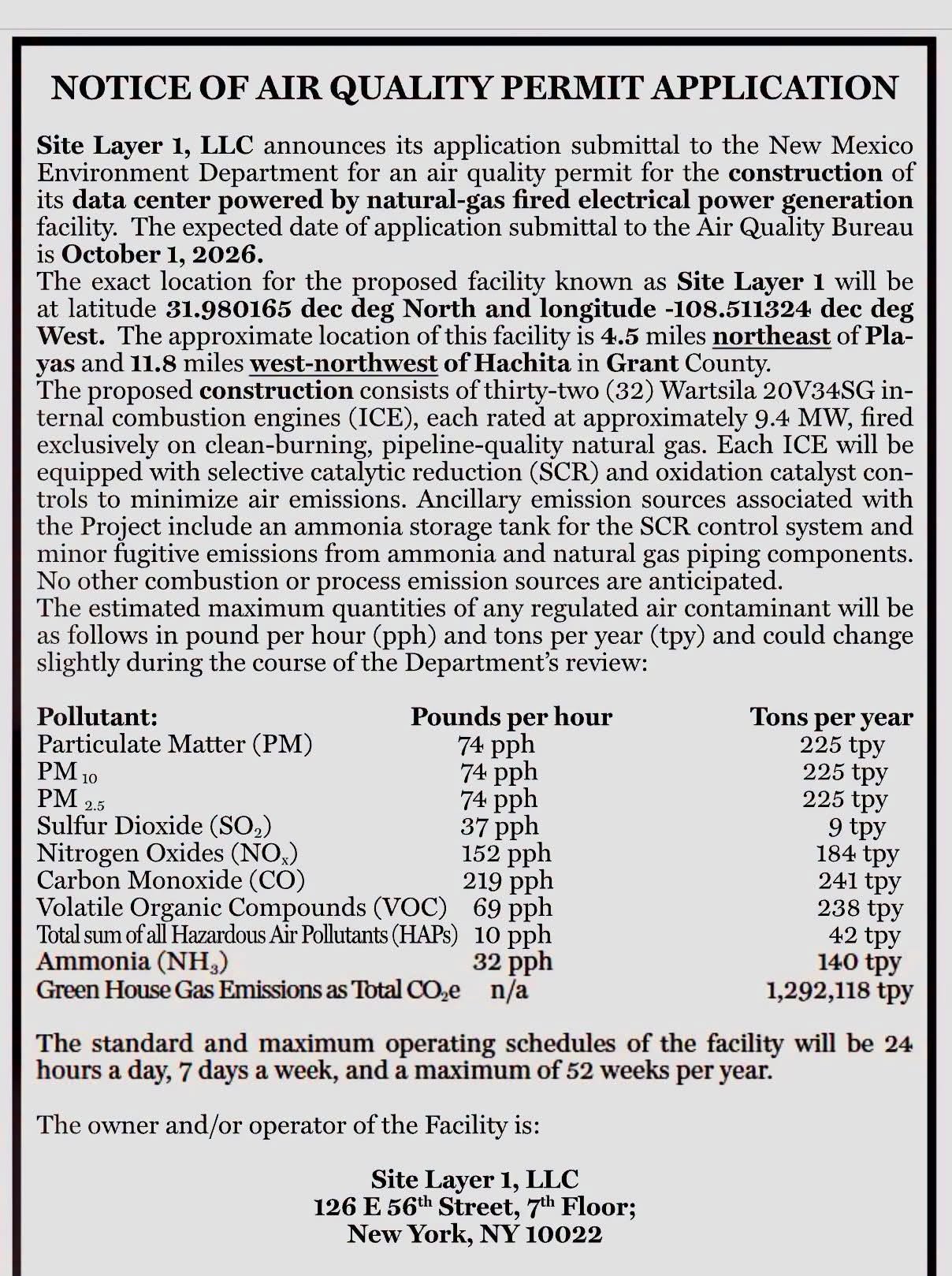 Excerpt of the Site Layer 1 public notice showing the project location, generating engines, and estimated emissions
