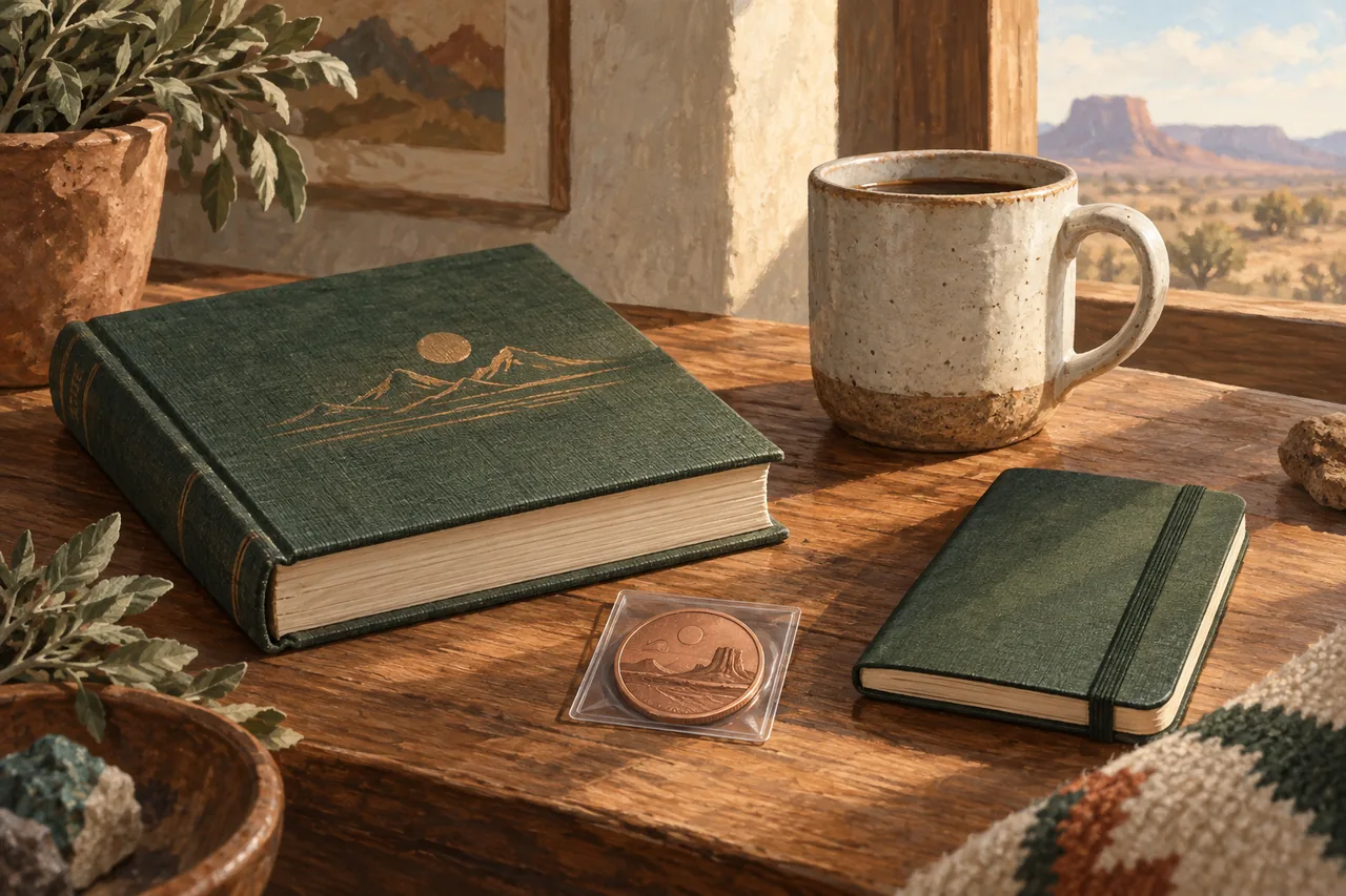 Books, a coin, and a notebook on a sunlit desert table