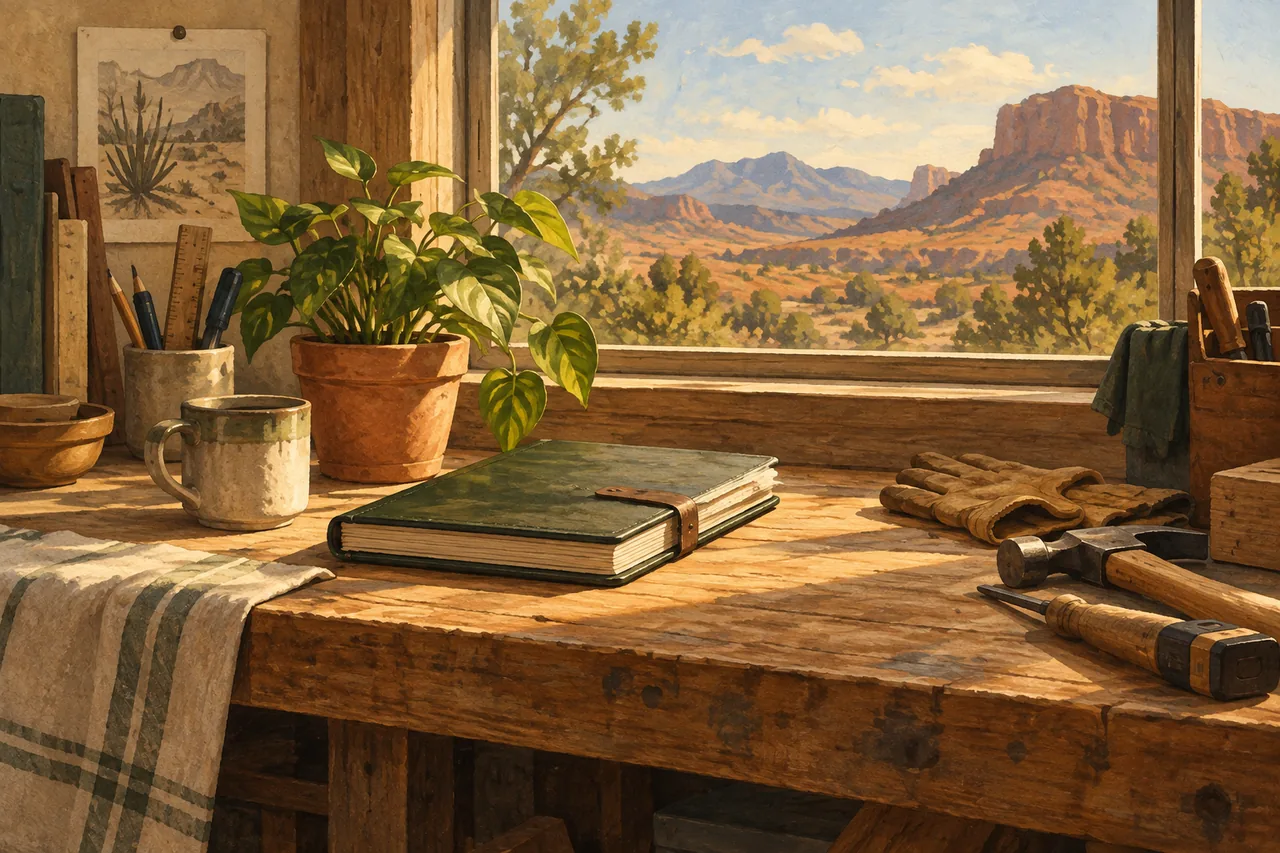 A ledger and useful tools on a sunlit workbench
