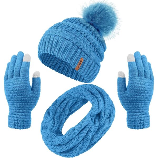 Womens Winter Warm Sets Knitted Fur Pompoms Beanie Hat Circle Loop Scarf Touch Screen Gloves Winter Favor Accessories