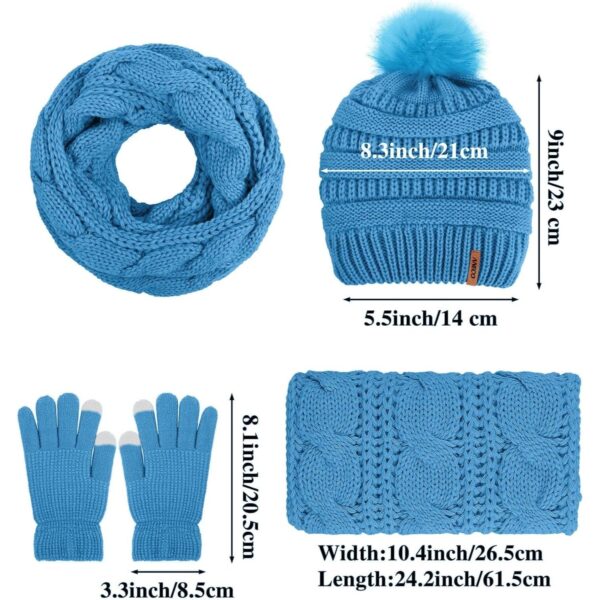 Womens Winter Warm Sets Knitted Fur Pompoms Beanie Hat Circle Loop Scarf Touch Screen Gloves Winter Favor Accessories - Image 2