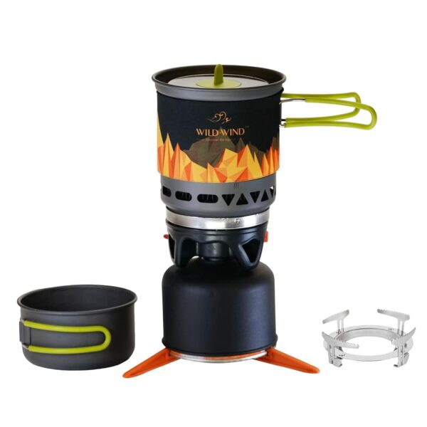 X2 Camping and Backpacking Stove Cooking System, Outdoor Portable Camp Gas Stoves Burner with 0.75L Pot & 0.25L Pan, Piezo Ignition, for Hiking, Fishing, Hunting, Black