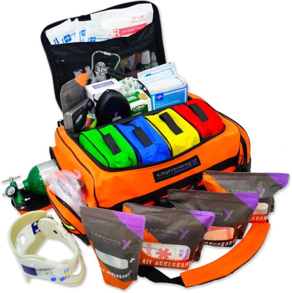 Lightning X Fully Stocked X-Tuff Modular Oxygen Trauma Bag W/ Removable Organizer Pouches for EMS/EMT + First Responder - Orange