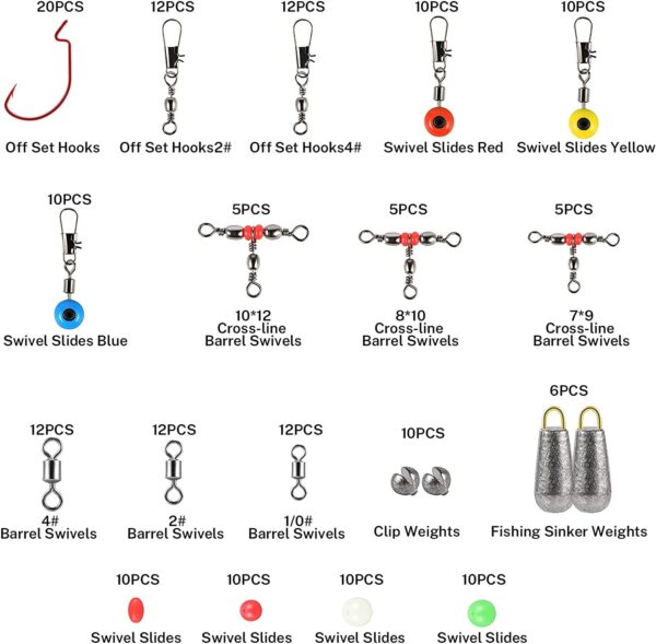 Fishing Tackle Set 180Pcs, Fishing Accessories Set with Tackle Box Including Barrel Swivels，Off Set Hooks，Swivel Slides，Cross-Line Barrel Swivels