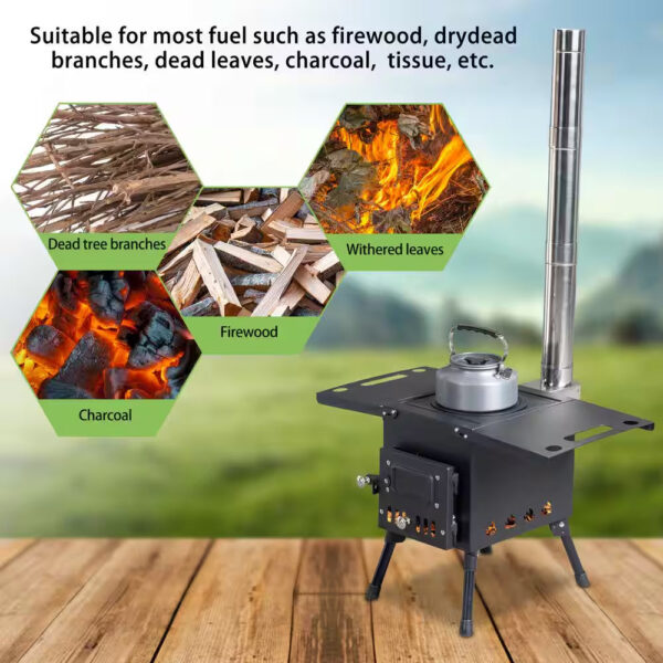 Wood Burning Steel Stove with Chimney for Camping Hiking Picnic