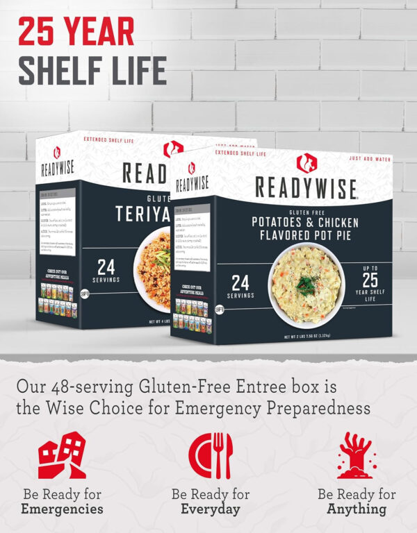 - Gluten Free, Entrée Box Kit, 24 Servings, 2 Boxes, MRE, Freeze Dried Food, Emergency Kit, for Hiking, Camping Essentials, Hurricane Preparedness Items, & Food Storage, 25-Year Shelf Life