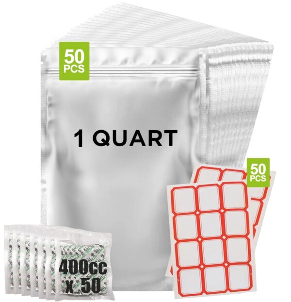 50 Packs Mylar Bags for Food Storage 1 Quart(7"X 10") Reusable Mylar Bags 400Cc Thick 5.5 Mil,Heat Sealable Mylar Bags for Food Storage Zipper Pouches