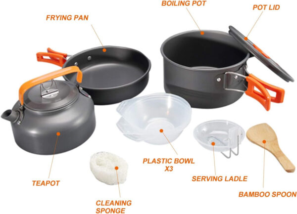 Camping Cookware Mess Kit, Camping Pot Pan and Kettle, Portable Outdoor Hiking Camping Cooking Set