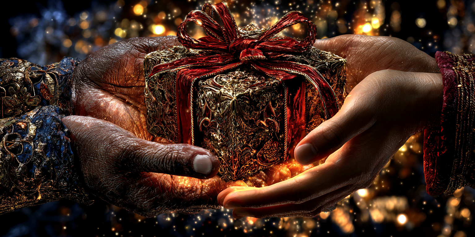 Warm hands exchanging a glowing Christmas gift